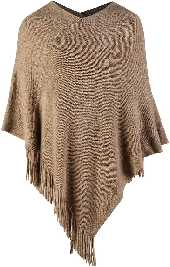 Women Poncho Sweater V Neck Solid Knit Pullover Cape Lightweight Shawl Elegant Wrap with Fringes Gifts for Womens