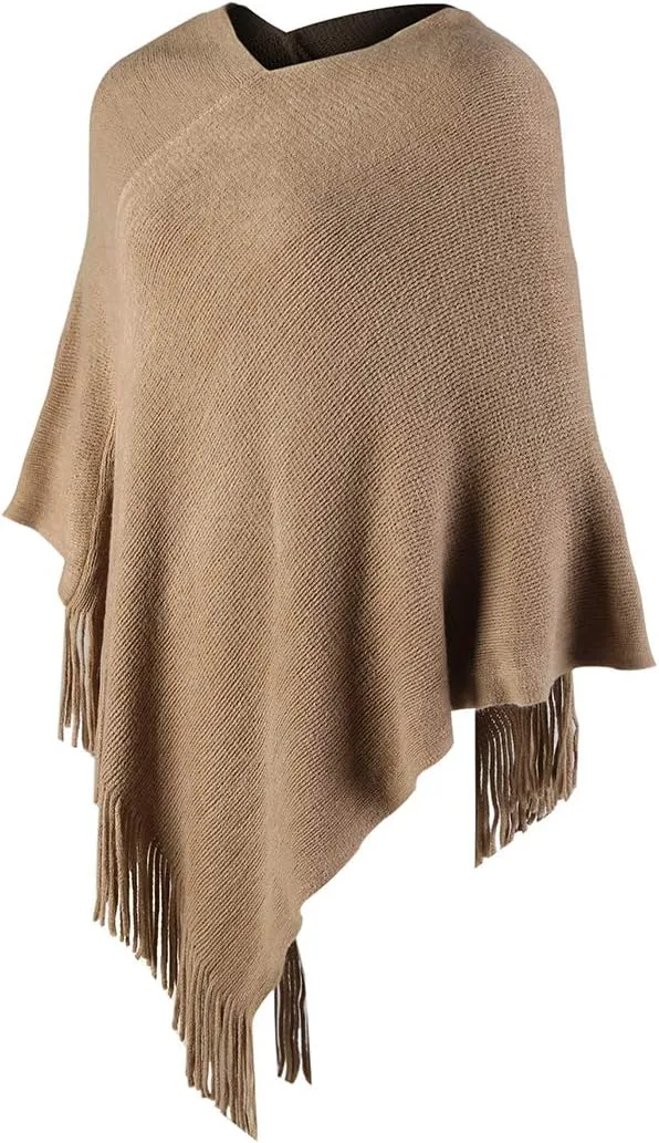 Women Poncho Sweater V Neck Solid Knit Pullover Cape Lightweight Shawl Elegant Wrap with Fringes Gifts for Womens