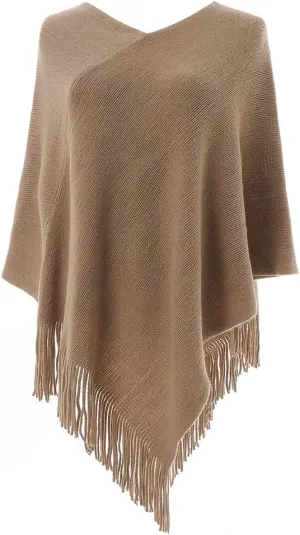 Women Poncho Sweater V Neck Solid Knit Pullover Cape Lightweight Shawl Elegant Wrap with Fringes Gifts for Womens