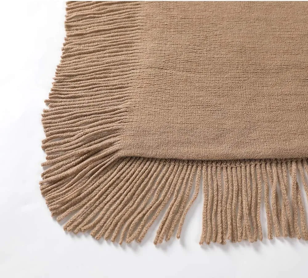 Women Poncho Sweater V Neck Solid Knit Pullover Cape Lightweight Shawl Elegant Wrap with Fringes Gifts for Womens
