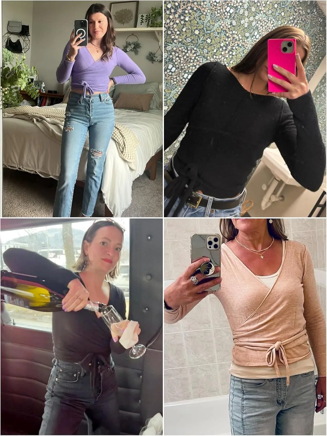 Womens Wool Tie Front Tops Crop Top Solid Long Sleeve Solid V-Neck Lightweight Crochet Cardigan Crop