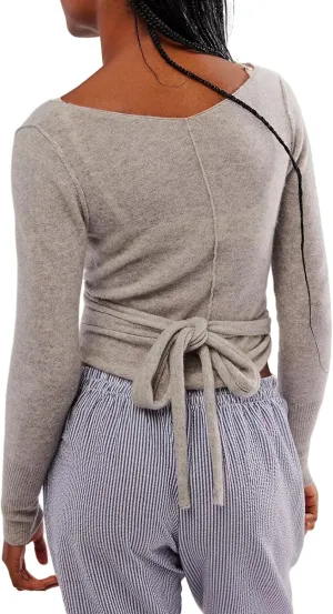 Womens Wool Tie Front Tops Crop Top Solid Long Sleeve Solid V-Neck Lightweight Crochet Cardigan Crop