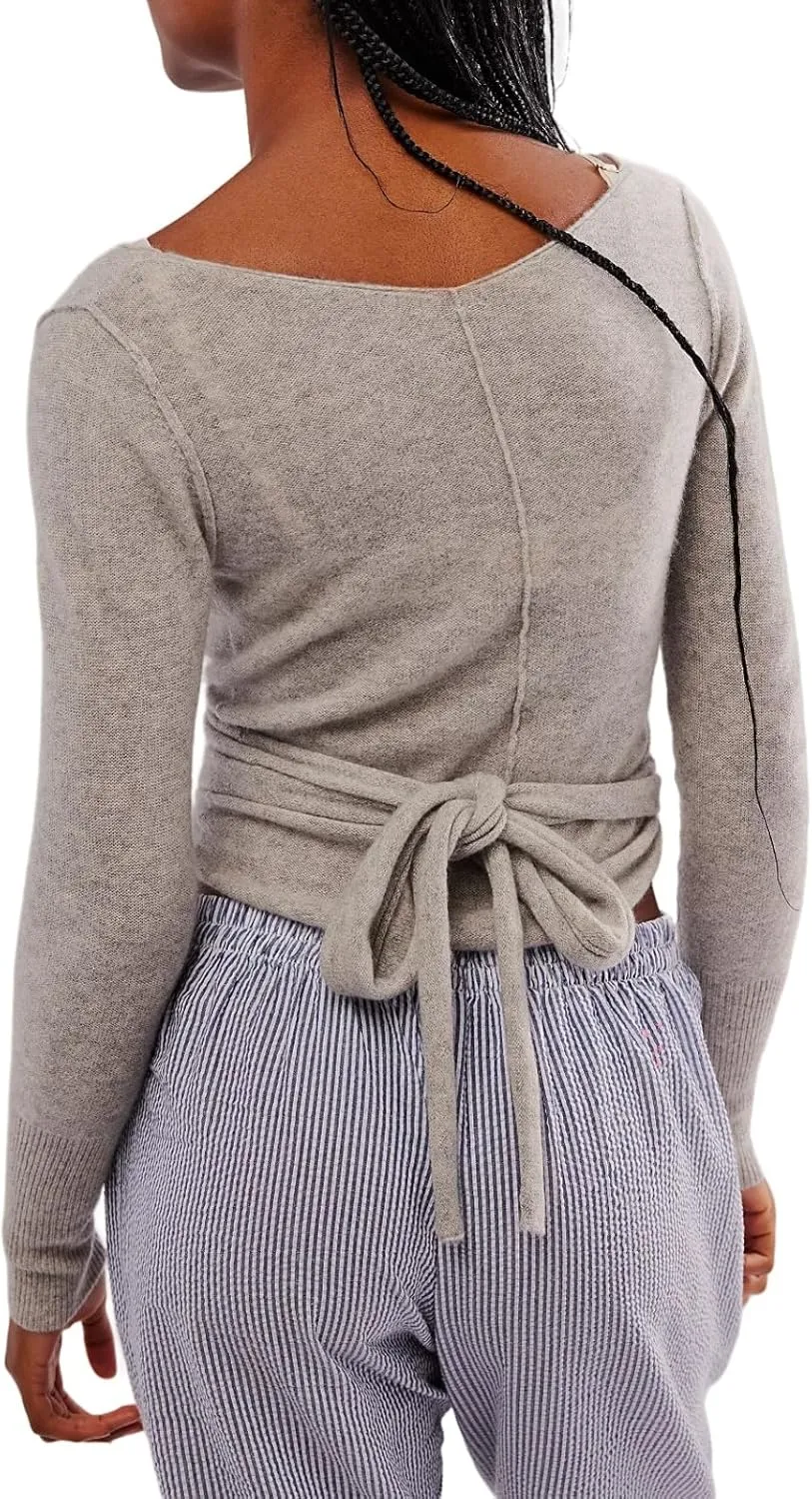 Womens Wool Tie Front Tops Crop Top Solid Long Sleeve Solid V-Neck Lightweight Crochet Cardigan Crop