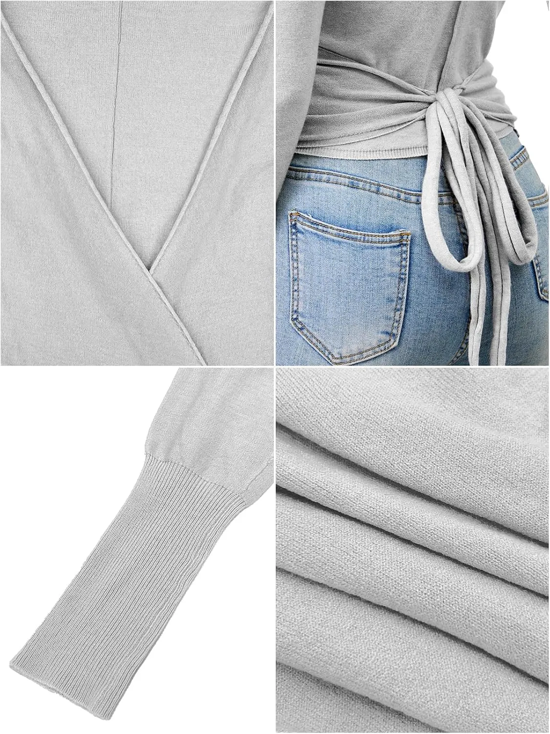 Womens Wool Tie Front Tops Crop Top Solid Long Sleeve Solid V-Neck Lightweight Crochet Cardigan Crop