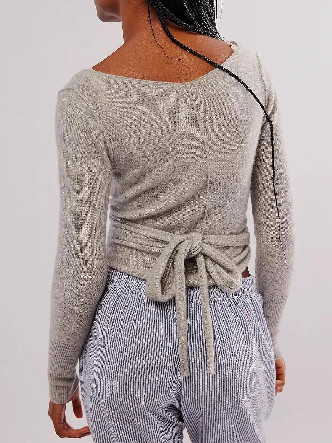 Womens Wool Tie Front Tops Crop Top Solid Long Sleeve Solid V-Neck Lightweight Crochet Cardigan Crop